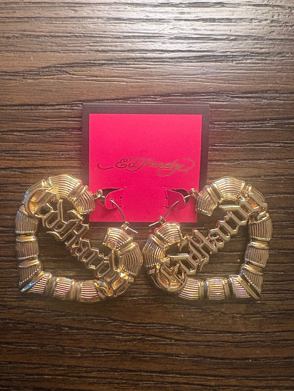 NEW Ed Hardy Gold Heart Hoop Earrings